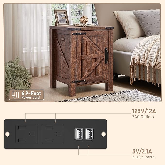 OKD Nightstand w/Charging Station, 18 Inch Farmhouse End Table w/Barn Door and Adjustable Storage Shelf, Rustic Wood Sofa Side Table w/Magnetic Door for Living Room, Bedroom, Reclaimed Barnwood Color