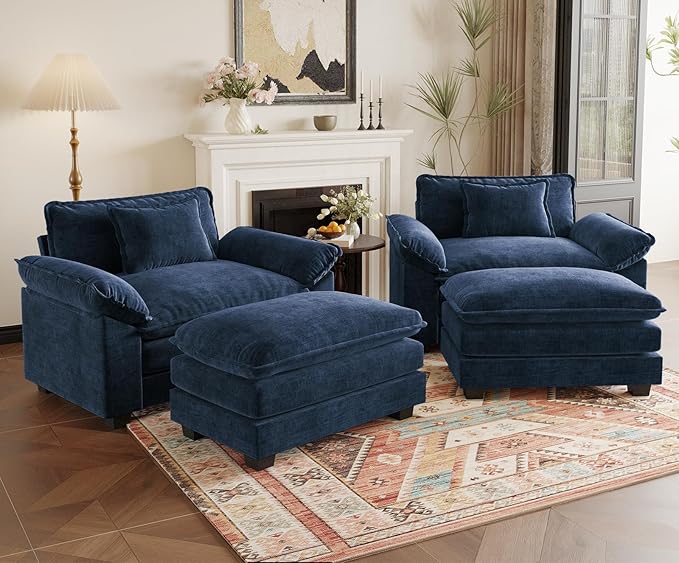 HUSFU Oversized Accent Chair with Ottoman, Chenille Cloud Couch Chair with Deep Seat and Extra Wide Armrests, Comfy Reading Armchair for Bedroom, Living Room, Set of 2, Blue
