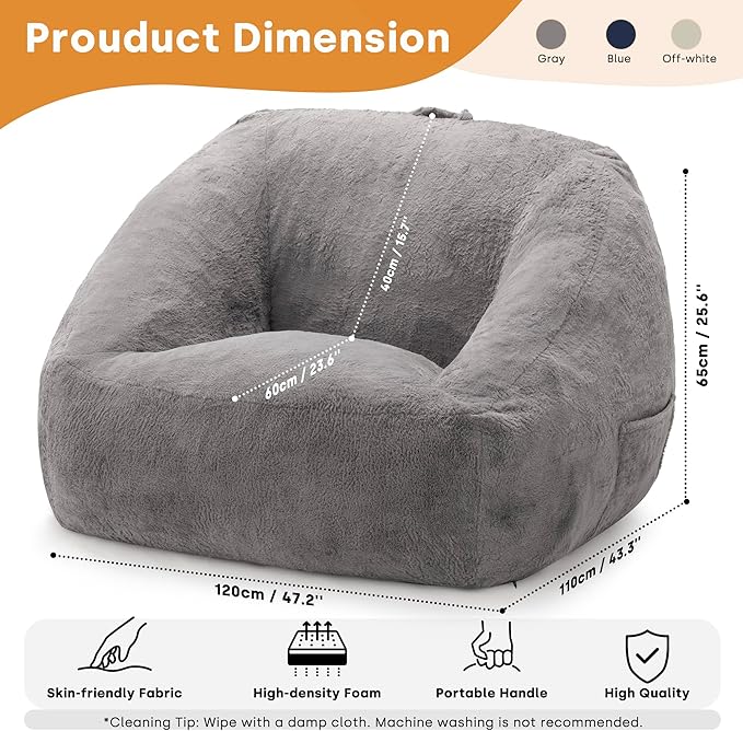 COSIEST Bean Bag Chair, Big Comfy Couch with Side Pocket, Furry Beanbag Chair with Foam Filler for Adults & Kids, Stuffed Accent Sofa for Reading, Lounge Floor Sofa for Living Room, Bedroom, Grey