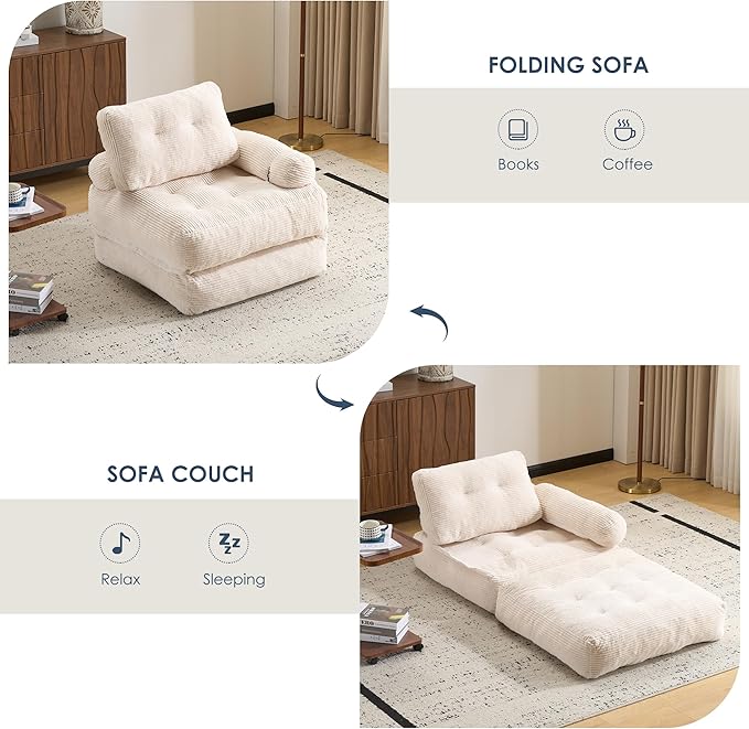 Folding Sofa Bed with Armrest,Convertible Sleeper Chair for Adults, Folding Sofa Bed Foam Filling Couch with Pillow，Sleeper Chairs Single Size Floor Mattress,White