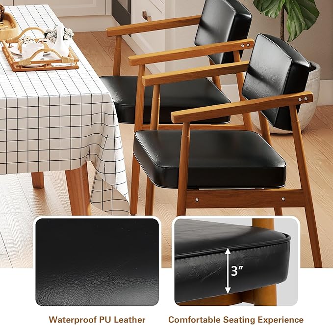 LSSPAID Mid Century Dining Chairs Set of 4, Black PU Leather with Walnut Finished Handrails Comfy Backrest, Farmhouse Dining Room Chairs for Kitchen, Living Space & Restaurant