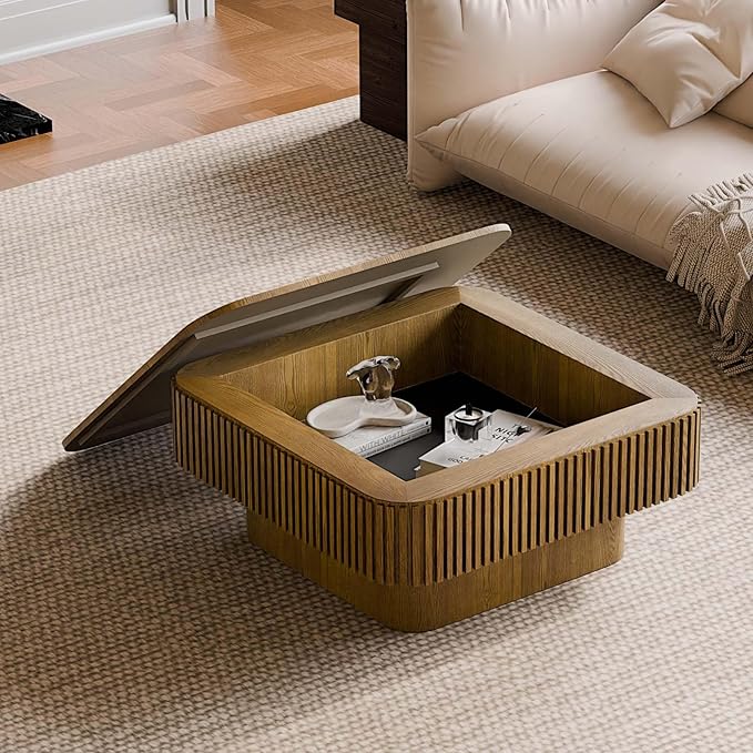 FGXJY Square Small Coffee Table with Storage, Modern Wooden Coffee Table with Solid Wood Veneered, Fluted Center Table Drum Tea Table for Living Room Apartment, 31.5''L×31.5''W×14''H
