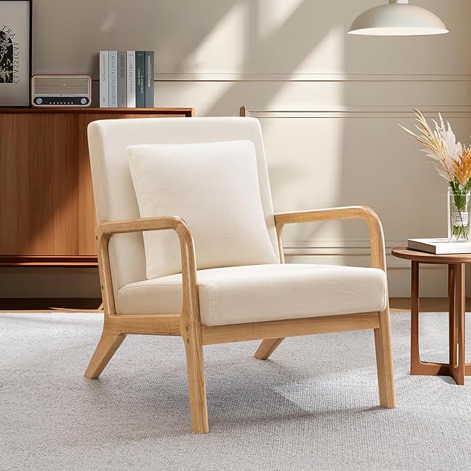 ELUCHANG Mid-Century Modern Accent Chair with Lumbar Pillow,Upholstered Armchair,Linen Fabric Comfy Reading Chair, Lounge Side Chair for Living Room Bedroom Apartment,Easy Assembly