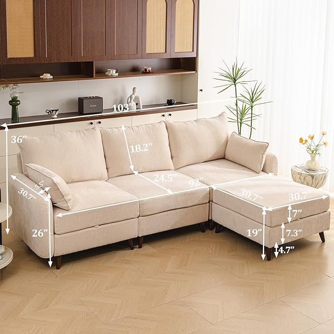 Rexulqo 104'' Modular Sectional Sofa with All Seats Storage, Oversized L Shaped Couch,Comfy Cloud Couches with Movable Ottoman,24.5'' Deep Seat,Large Sectional for Living Room,Bedroom,Velet,Cream