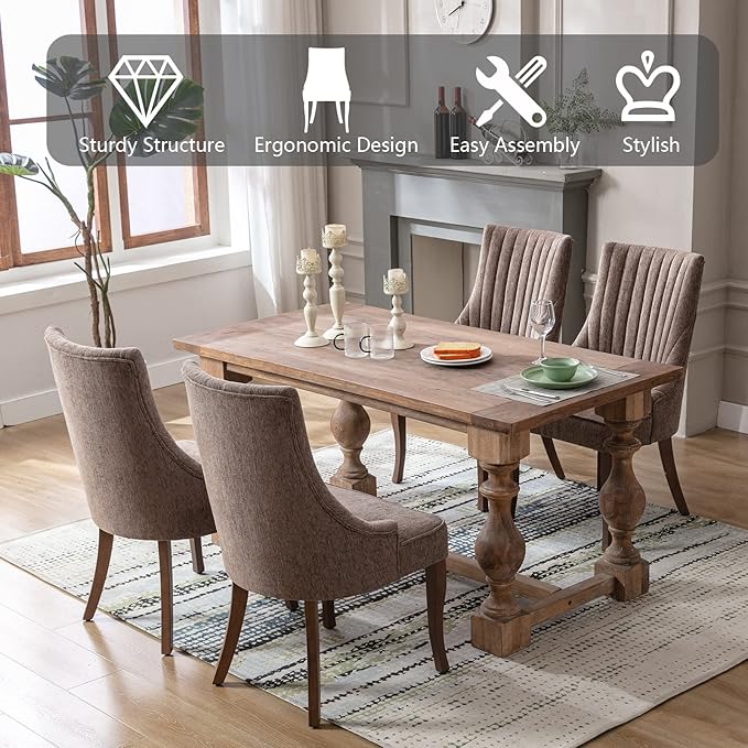 mikibama Linen Dining Chairs Set of 2 Channel Tufted Kitchen Dinner Chair Comfy Fabric Upholstered Accent Chair for Dining Room with Solid Wood Legs (Brown)
