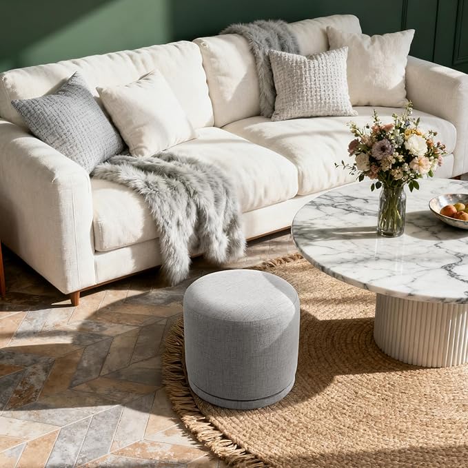Round Pouf Ottoman & Swivel Foot Rest,Linen Vanity Stool-Upholstered Floor Chair,Footstool with Sturdy Acacia Wood Frame(500lbs),Small Coffee Table Ottoman for Living Room,Bedroom