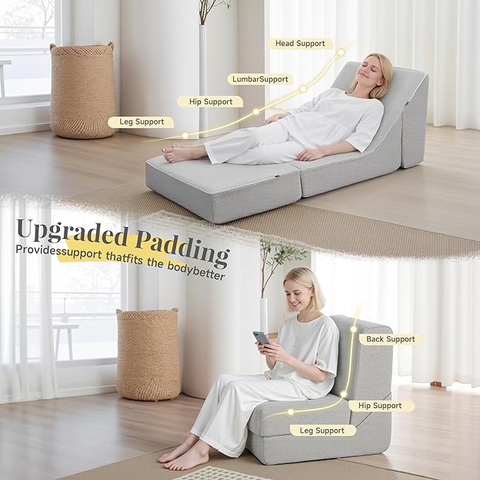 Folding Sofa Bed, Convertible Sleeper Chair with High-Density Foam, Portable Fold Out Chair Bed, Mattress Boneless Floor Sofa for Living Room, Bedroom, Office, Single