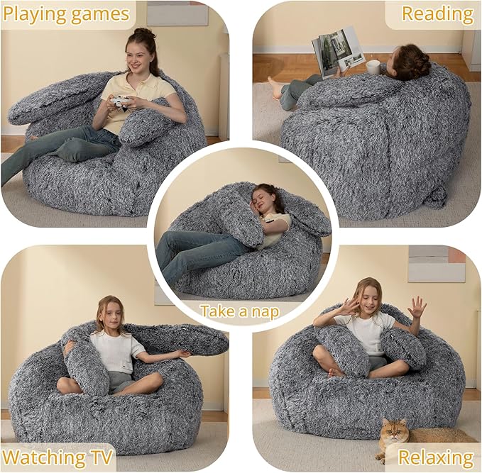 Bean Bag Chair for Adults Kids Giant Fluffy Plush Bean Bag Sofa with Filler Faux Fur Rabbit Shaped Beanbag Chairs Comfy Accent Floor Couch for Gaming, Reading in Bedroom, Living Room, Dorm