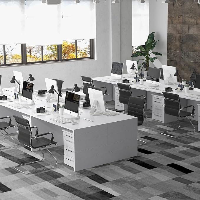 DM Furniture Black Office Desk Chair No Wheels Set of 8 PU Leather Computer Chairs Mid Back Guest Chairs for School Reception Conference Waiting Room, Black