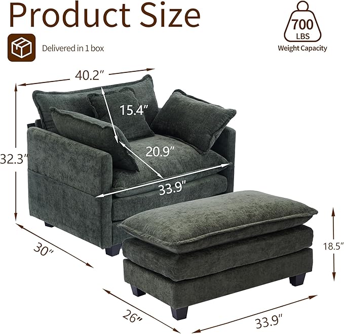 SweetGO corporation 40" Chenille Lounge Chair for Reading, Modern Couch Cozy Sofa Bed, Upholstered Living Room Single Sofa Accent Chair with Ottoman, Green