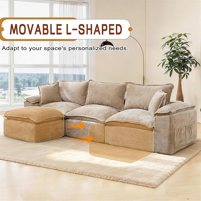 Korser 122" Sectional Couches for Living Room, Modular Boneless Sofa, Cloud Sofa, Fluffy Cushions, Double-Layer Cushioned, with Convertible Ottoman