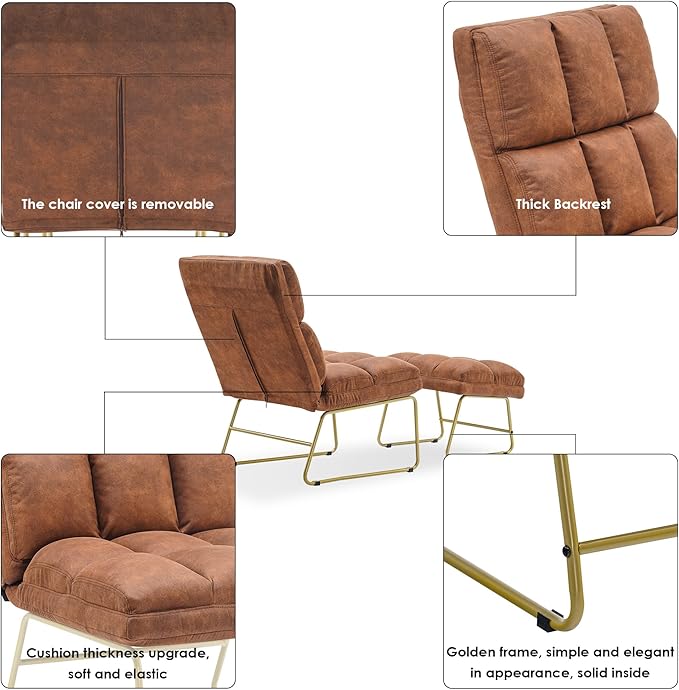 MCombo Accent Chair with Ottoman Set, Modern Armless Chair for Living Room, Bedroom, Small Space 4013 (Heat-Stamped Fabric, Saddle)