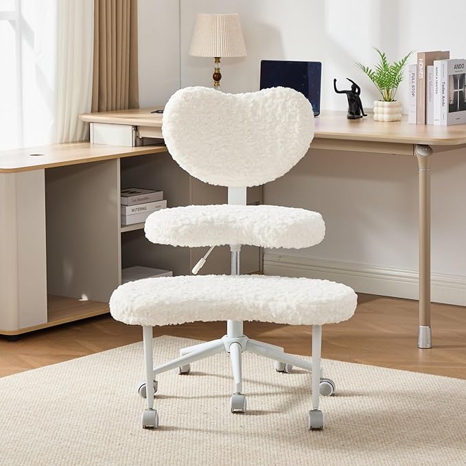 Tomofcessn Cross Legged Chair with Footrest, Plus Size Criss Cross Office Chair, Memory Foam Cushion, Armless Swivel Desk Chair with Wheels, Active Sitting for Home Office,Artificial Rabbit Fur