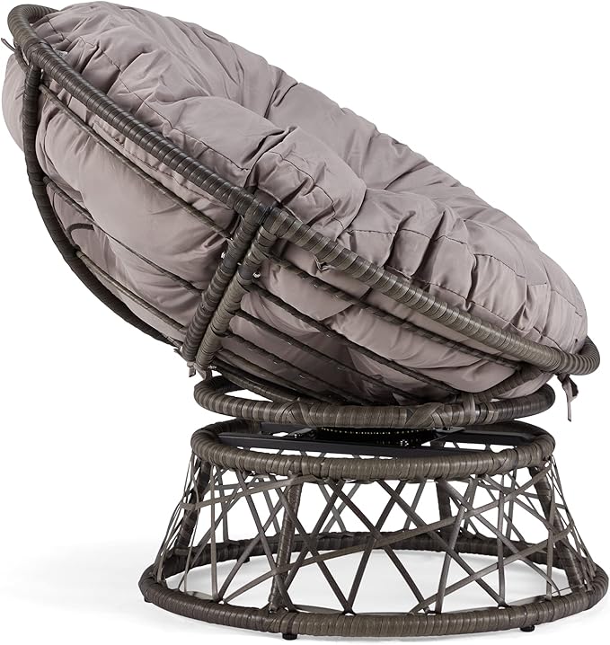 Kromax 40" Ergonomic Wicker Papasan Chair, 360° Swivel Round Egg Chair with Soft Thick Cushion, Indoor Outdoor Use for Living Room, Bedroom, Reading Room, Grey Frame with Light Grey Cushion