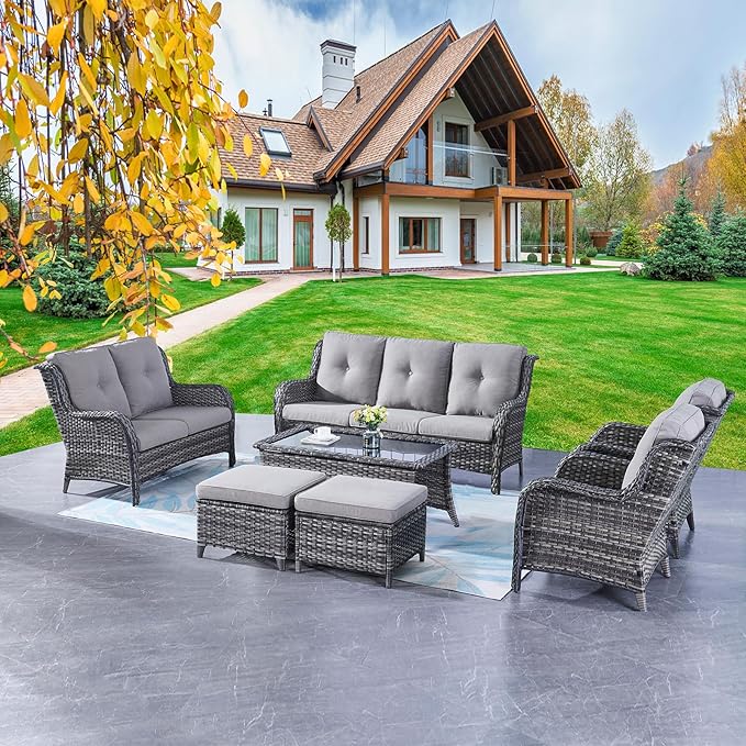 Rilyson Outdoor Patio Furniture Sofa Set - 7 PC Rattan Wicker Patio Sectional Conversation Sets with Sofa,Loveseat,Coffee Table,Armrest Chairs and Ottomans for Porch Deck Garden(Mixed Grey/Grey)