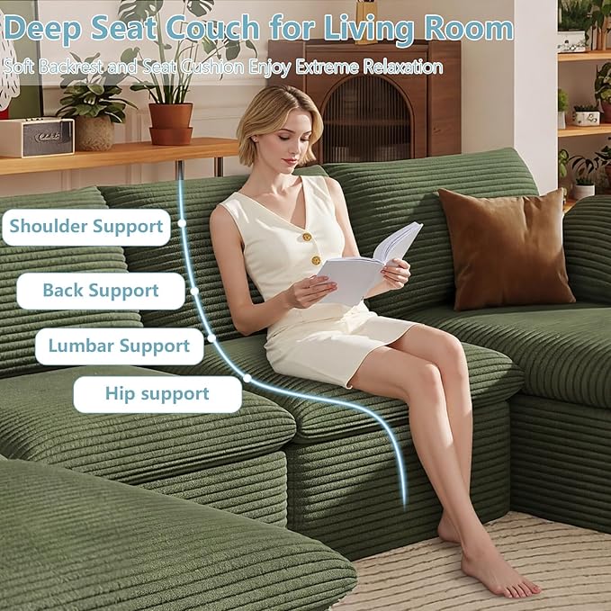 136" Cloud Sectional Couch with U-Shaped Chaise,Corduroy Viral Boneless Sofa with Ottoman,Memory Foam Couches in a Box with Deep Seat for Living Room,No Assembly Required (Green,Right-Facing Chaise)