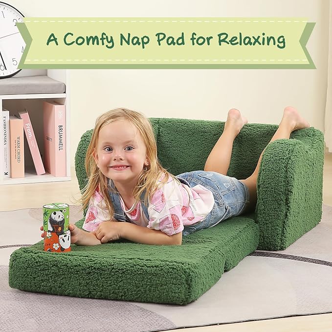 Kids Sofa, 2-in-1 Flip-Out Foam Couch with Soft Sherpa Cover, Cozy Play Lounge Chair, Green