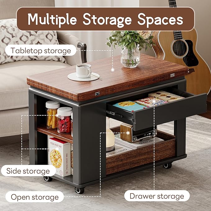 27.6" Modern Multi-Function Coffee Table with Foldable Top & Casters,Side Table with Multi-Tier Storage,Black & Walnut