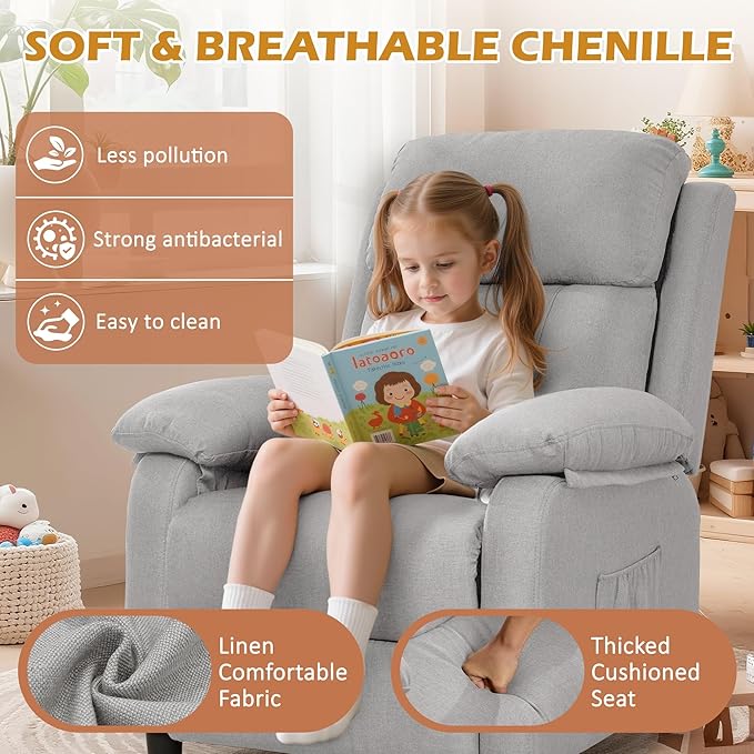 Recliner Chair, Living Room Chairs for Adults, Padded Deep Seat Reading Chair with Side Pockets, Small Recliners for Small Spaces, Lounge Chair for Living Room, Bedroom, and RV (Linen)