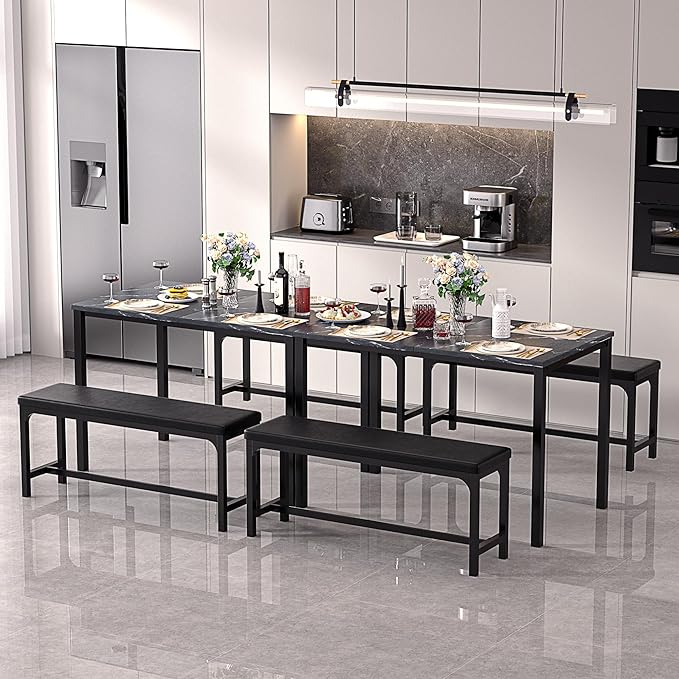 VECELO 3-Piece 63" Extendable Kitchen Table with Benches/Chairs, Modern Breakfast Dinette/Dining Room Set for 4/6/2, Small Space Saving Design, Easy Assembly