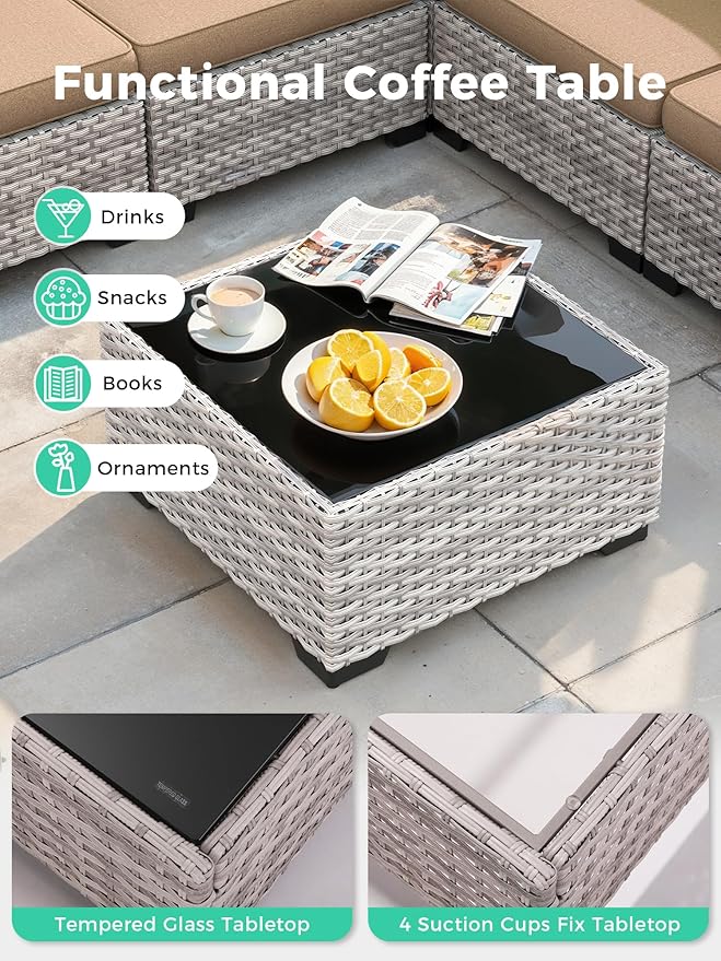 12 Piece Outdoor Wicker Rattan Sectional Sofa Set, 10-Seats Patio Furniture Conversation Set with 4" Thickened Cushions & Coffee Table, All-Weather PE Rattan for Garden, Backyard, Porch, Beige