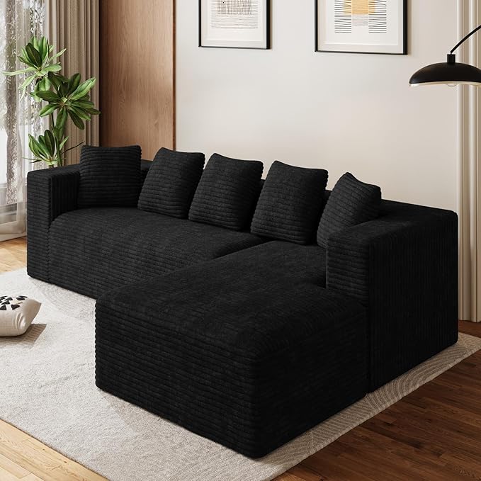 Modular Sectional Sofa, 107" L Shaped Cloud Couch Plush Corduroy Deep Seat Boneless Sofas with 5 Pillows Long Chaise Lounge Couches Memory Foam for Living Room - Black, Right Facing Chaise