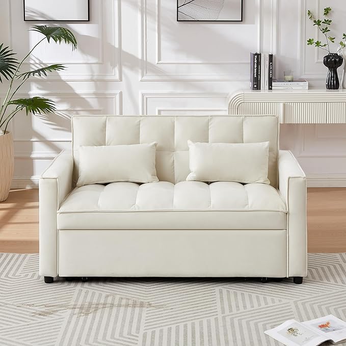 3 in 1 Convertible Sleeper Sofa Bed, Futon Couches for Living Room with Side Pocket | Adjustable Backrest| Velvet Fabric | Pull Out Couch | Love seat Sofa|2-seat Sofa Bed (GEIGE)