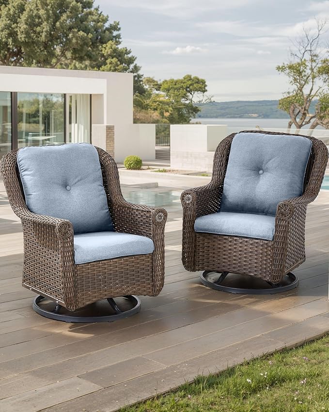 ACTREST Patio Chairs Outdoor Swivel Glider - Set of 2 High Back Outside Brown Wicker Rattan Rocking Chair with Thick Cushion for Porch Apartment Deck Yard Poolside Garden - Baby Blue