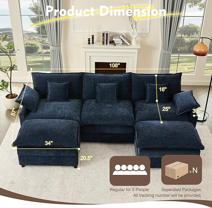 GOSUHI 108" U Shaped Couch, Modular Sectional Sofa, 3-Seater Comfy Cloud Couch with Movable Ottoman, Deep Seat Couches for Living Room, Chenille, Navy
