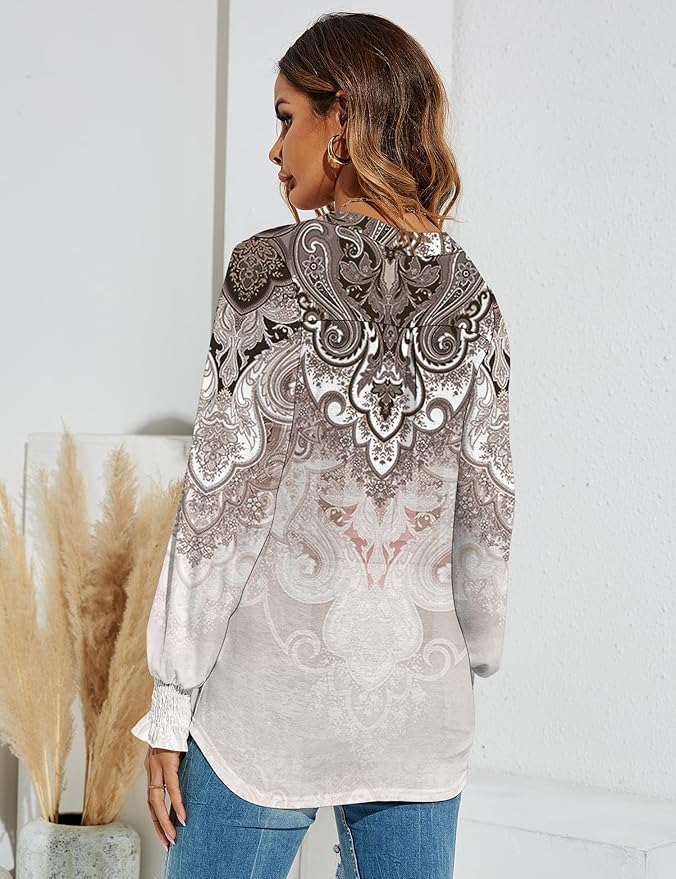 Romanstii Women's Casual V-Neck T-Shirts Loose Puff Long Sleeve Tops Tunic Blouses