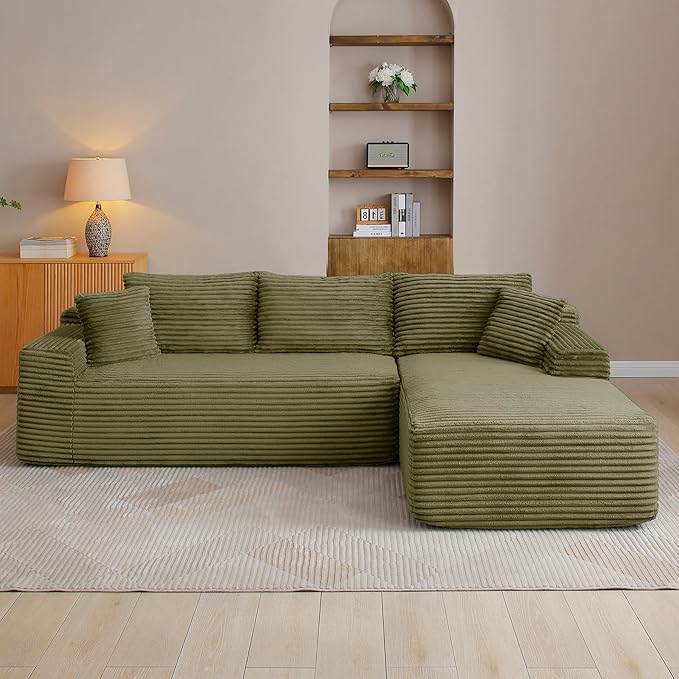 95" Boneless Cloud Sectional Couches for Living Room, Comfy Fluffy L Shaped Memory Foam Deep Seat Boneless Couch, Modular Sectional Sofa with Right Facing Chaise, Olive Green
