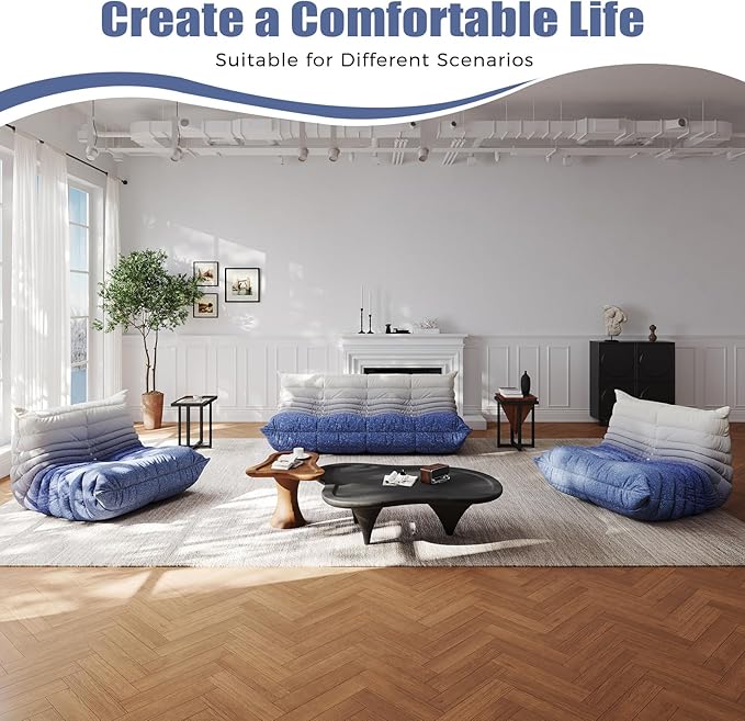 Selyteramy 3 Seat Oversized Bean Bag Chairs for Adults, Memory Foam Fireside Beanbag Couch, Comfy Bean Bag Lounger Lazy Sofa for Living Room, Bedroom, Playroom, White + Blue