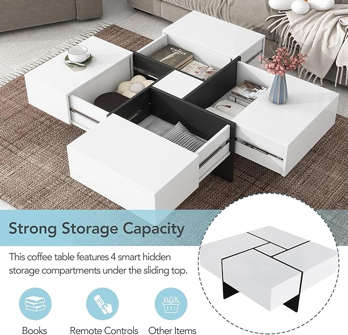 HanStrong 31.5" Square Coffee Table with 4 Hidden Storage Compartments,Cocktail Table with Extendable Sliding Tabletop,UV High-Gloss Design Center Table for Living Room,White