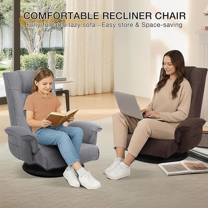 Linen Fabric Ergonomic Gaming Chair, 6-Position Reclining Sofa Bed with Lumbar Support, Foldable Floor Lounger with Thick Cushion, Armrests & Side Pockets for Esports, Reading, Napping (Coffee)
