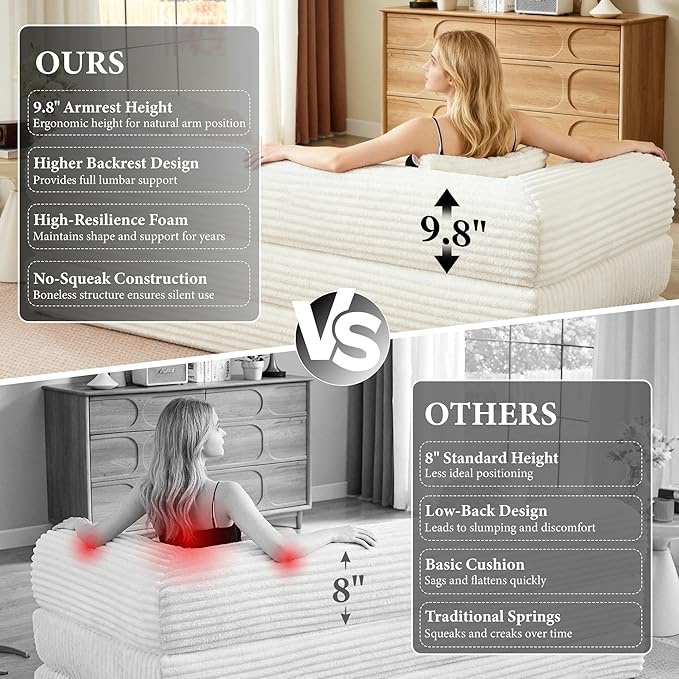Chorlenimi Boneless Couch Futon Sofa Bed Sectional Couches for Living Room,Cloud Couch with Sleeper Sofa,Sofas for Living Room Oversized Corduroy Upholstered (White, 76 Inches (No Iron Frame))