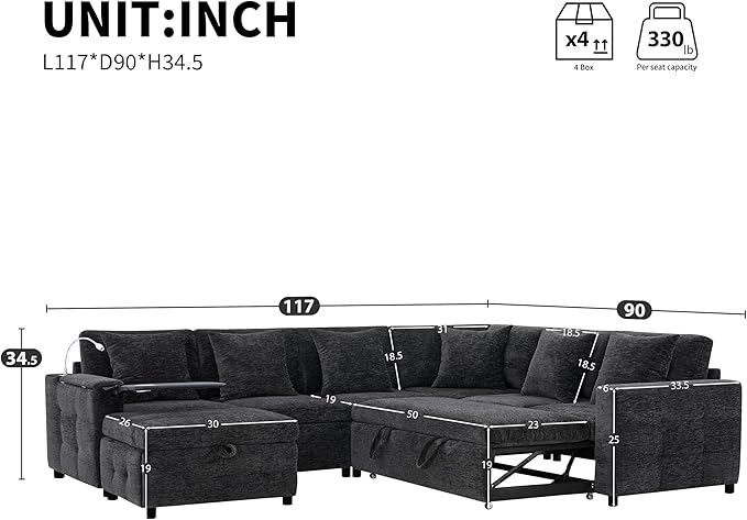 Furnimart Oversized Modular Sectional Pull-Out Sofa with Flip-up Table Panel, Reading Lamp, Charging Ports, Movable Storage Ottoman, Tufted Design, 6 Pillows, Free Combination, Chenille Beige