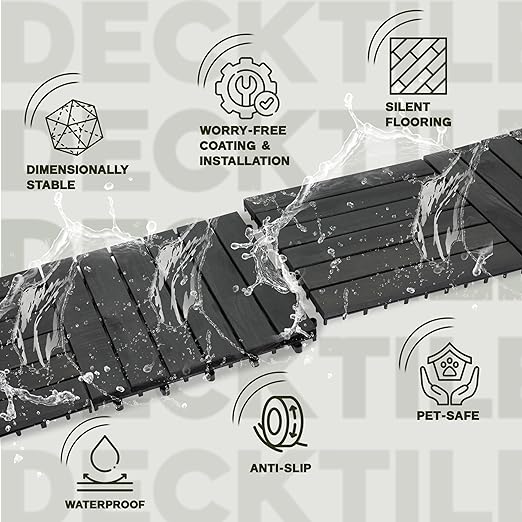 VICTORY RELAX Acacia Wood Decking Tiles 9PCS - Easy Snap Interlocking Deck Tiles for Patio Poolside Balcony Decor - All Weather Waterproof Flooring for Indoor & Outdoor (Round Joints)
