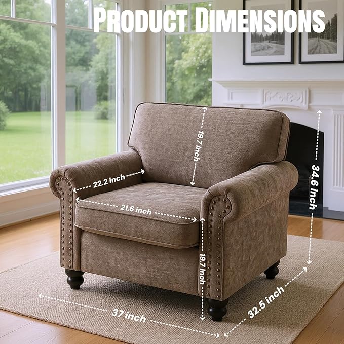 Nailhead Armchair, Rolled Arms Accent Chair for Living Room, Single Sofa Chair with Springs Seat Cushion & Wooden Legs, Mid-Century Armchair for Apartment, Office, Farmhouse, Light Brown