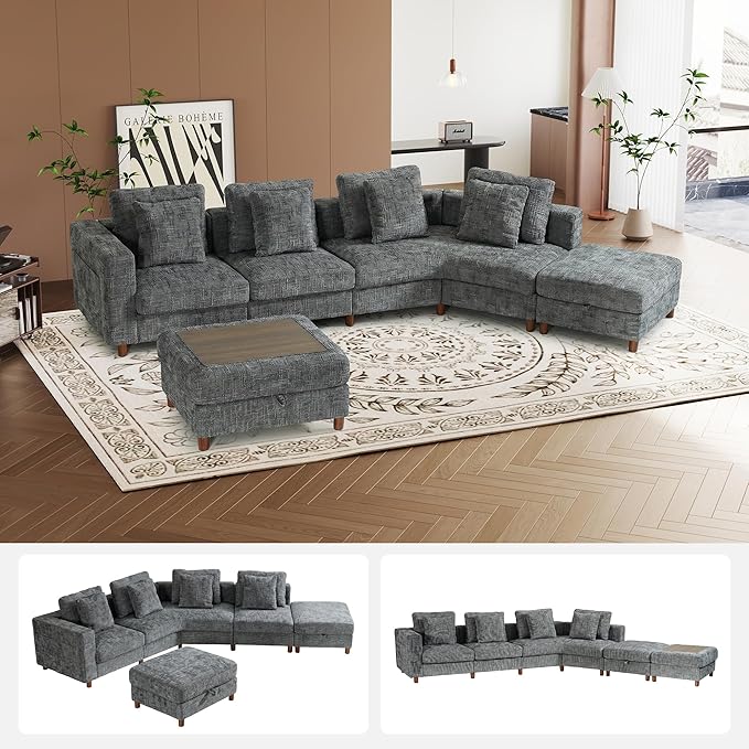 147" Oversized L-Shaped Modular Sectional Sofa, Modern 6-Seater Cloud Couch with 2 Storage Ottomans, Washable Pet-Friendly Fabric for Living Room, Apartment