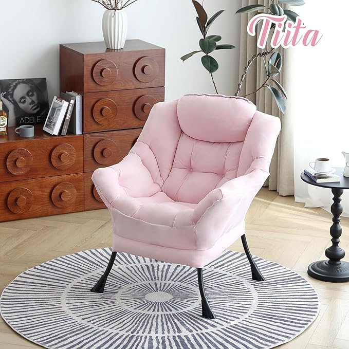 Tiita Lazy Chair, Pink Chair Modern Large Accent Lounge Armchair, Comfy Leisure Sofa Reading Chair for Bedroom, Living Room, Dorm Rooms, Garden and Courtyard, Pink