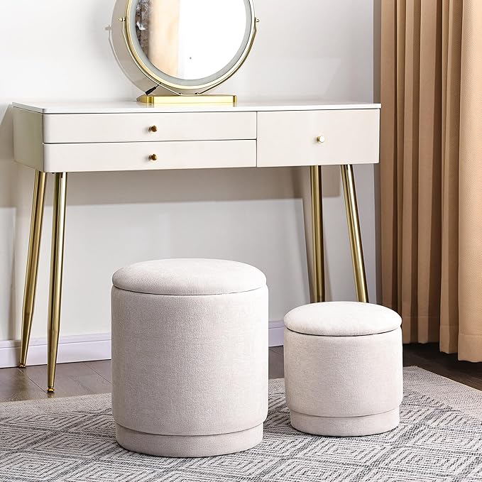 Homebeez Round Storage Ottoman Set of 2, Chenille Fabric Stool with Removable Lid, Multifunctional Foot Rest Pouf for Living Room, Bedroom, Dorm, Supports 300 lbs, Beige
