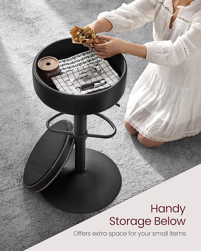 VASAGLE EKHO Collection - 360° Swivel Bar Stools Set of 4, Height Adjustable Barstools with Storage, Synthetic Leather with Stitching, Mid-Century Modern, Kitchen Bar, Easy Assembly, Ink Black