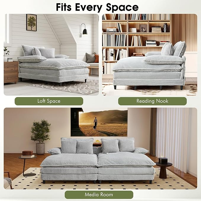 54.8" W Oversized Chaise Lounge Chair Indoor with 5-Position Adjustable Backrest, Corduroy Sleeper Sofa Bed with 3 Pillows, Modern Cloud Couch Chair for Living Room, Bedroom, Grey