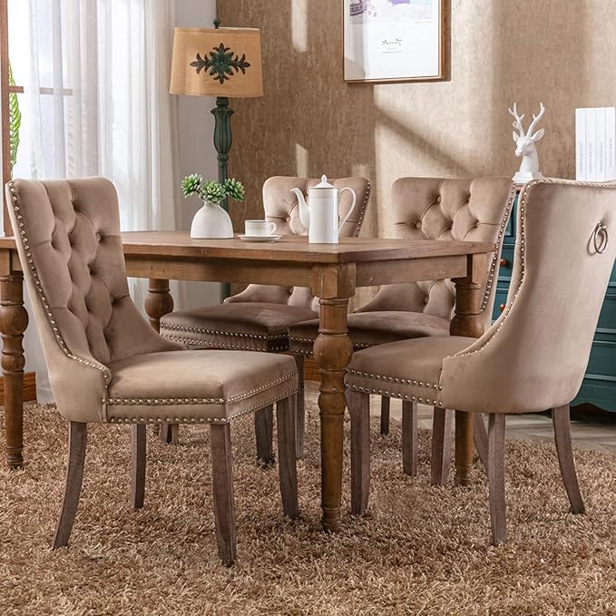 YeahFurn Espresso Brown Mid Century Modern Dining Chairs Set of 4, Velvet Upholstered Kitchen & Dining Room Chairs with Nailhead Trim & Solid Wood Legs, Elegant Sillas De Comedor (Coffee, 4 Pcs)