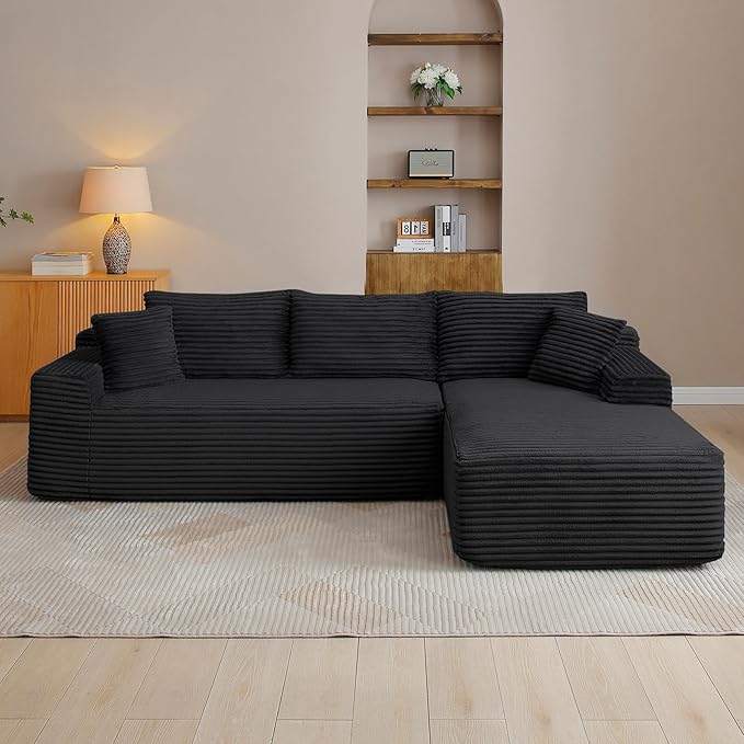 HYJT-H&K Modular Sectional Sofa Cloud Sectional Couch, 95" Comfy Fluffy L Shaped Black Couches for Living Room, Deep Seat Memory Foam Plush Corduroy Boneless Couch Sectionals Right Facing Chaise Sofa