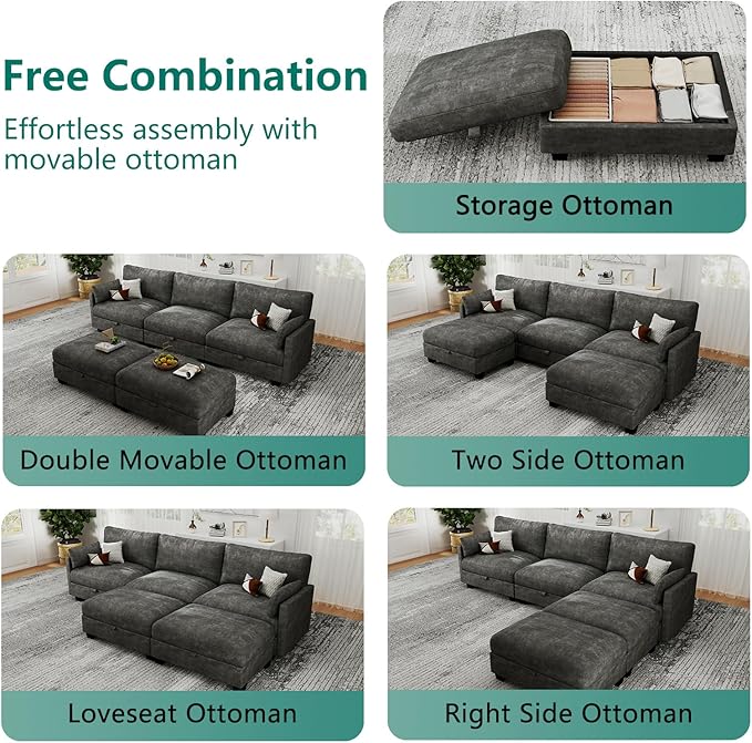 Modular Sectional U Shaped Sofa Couches for Living Room, Cloud Couch with Storage Ottoman, Comfy Chenille Sofa with Pillow, Dark Gray