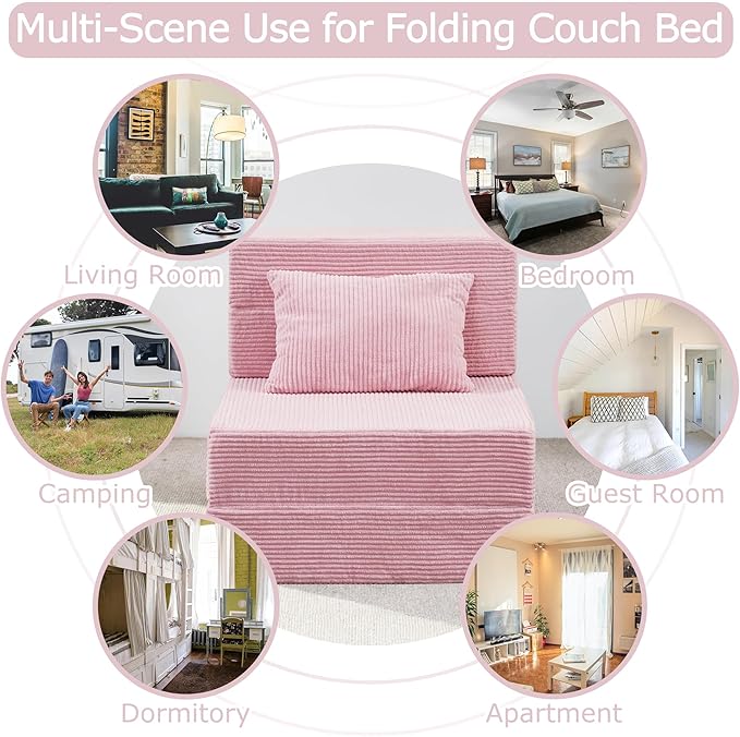 HILERO Folding Sofa Bed, 4 in 1 Convertible Sleeper Chair with Pillow, Single Memory Foam Fold Out Chair Bed, Modern Floor Futon Sofa Couch Mattress for Living Room/Guest/Apartment, Pink
