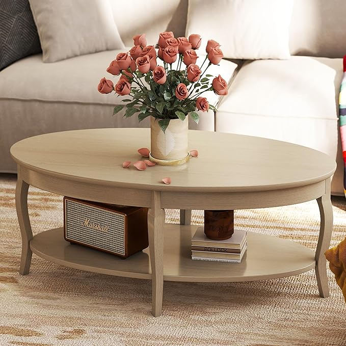 LZAREAL Coffee Table with Storage Oval Solid Wood Coffee Table Antique Farmhosue Living Room Table Rustic Center Table for Living Room Guest Room Reception Room Waiting Room, Faded White Color