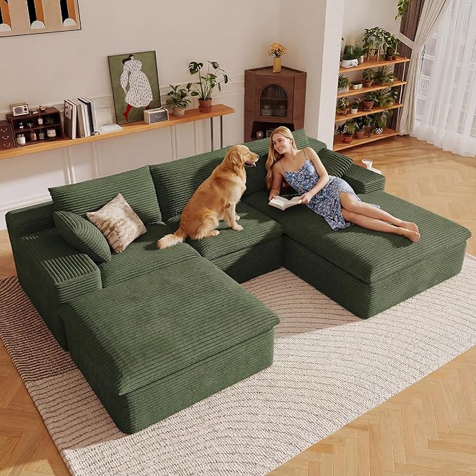 107" Cloud Sectional Couch with U-Shaped Chaise,Corduroy Viral Boneless Sofa with Ottoman,Memory Foam Couches in a Box with Deep Seat for Living Room,No Assembly Required (Green,Right-Facing Chaise)