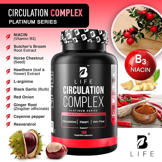 Butcher’s Broom, Horse Chestnut, L-Arginine and Resveratrol, Circulation Complex | 180 Caps - 45 Days | Made in USA by B Life. (CirculationUSA)